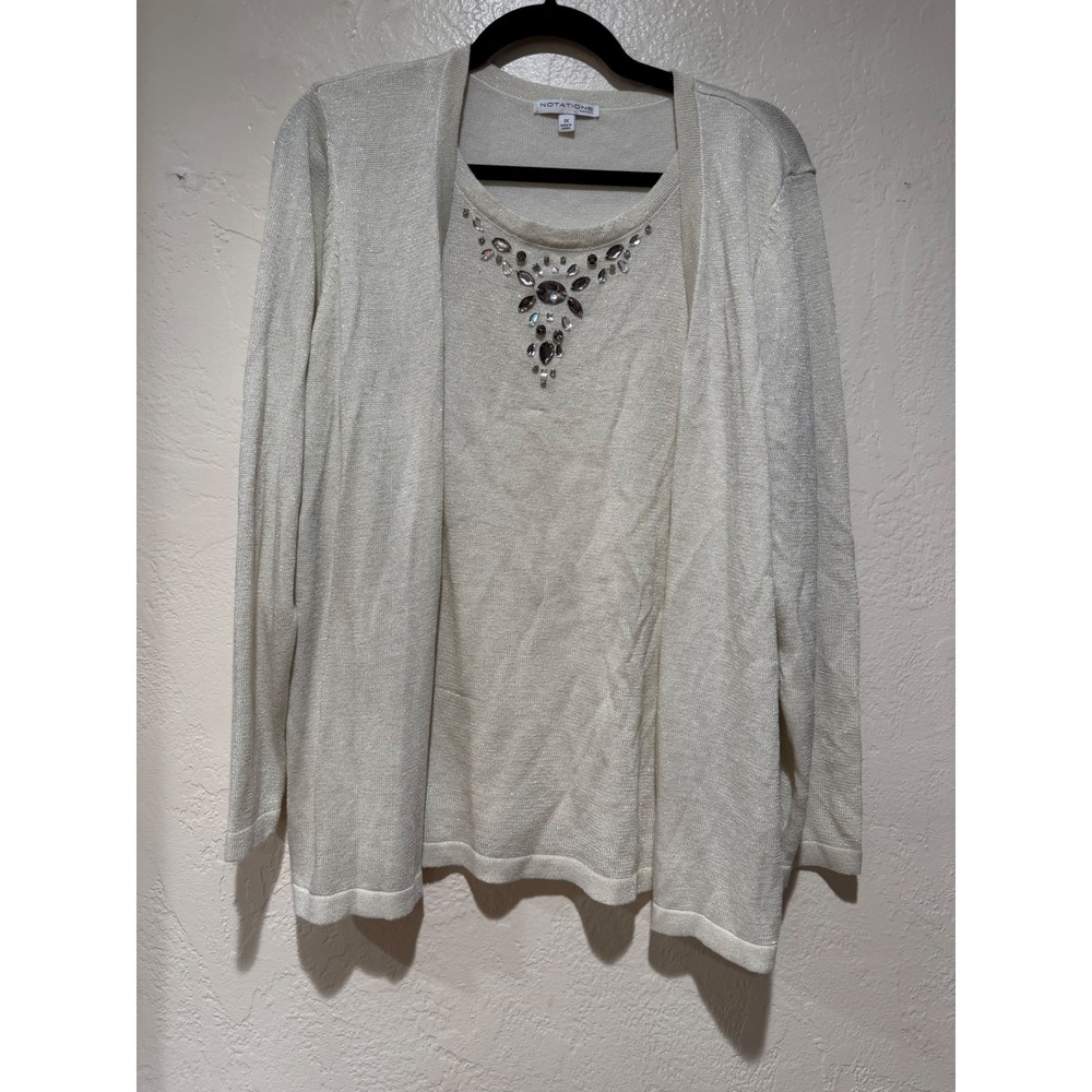 Notations Woman Silver Metallic Knit Twin Set Embellished Cardigan Shell 1X